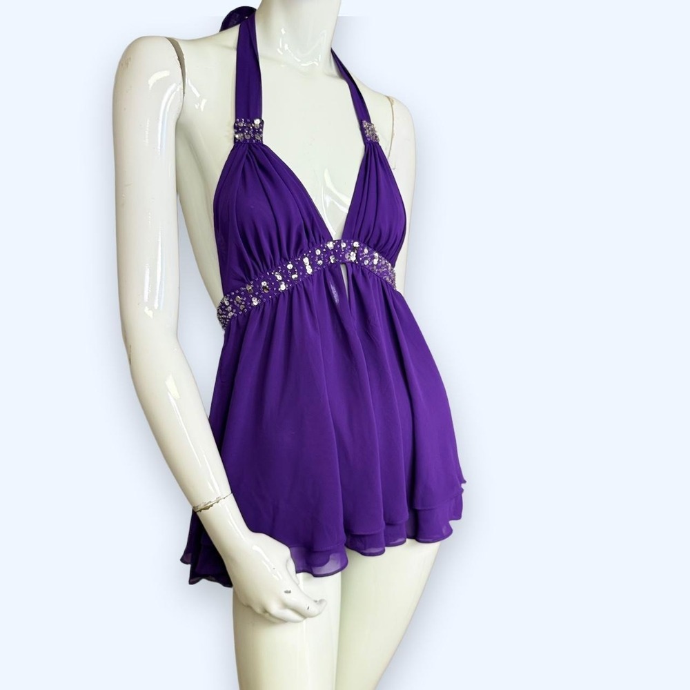 Victorias Secret Purple Silk Rhinestone Babydoll Halter Top Y2K Small